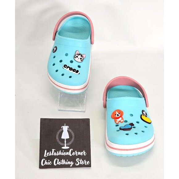 Crocs Junior Ice Blue/Pink Rubber Jibbitz Crocband Clog Size 2 1993 - Picture 2 of 16